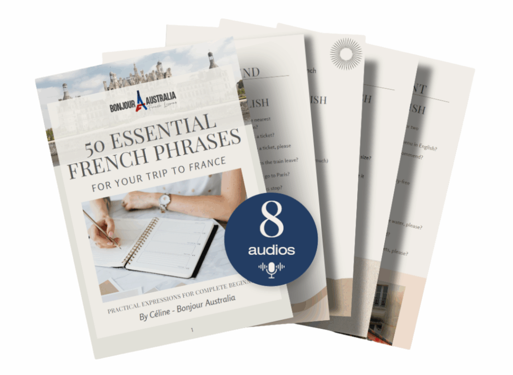Master French Travel Phrases Before You Fly – Download Your Free Phrase Kit, Cover preview of the Free French Travel Phrasebook with 50 essential phrases and 8 audio tracks by Bonjour Australia, french one on one classes, french private classes, french consulate adelaide
